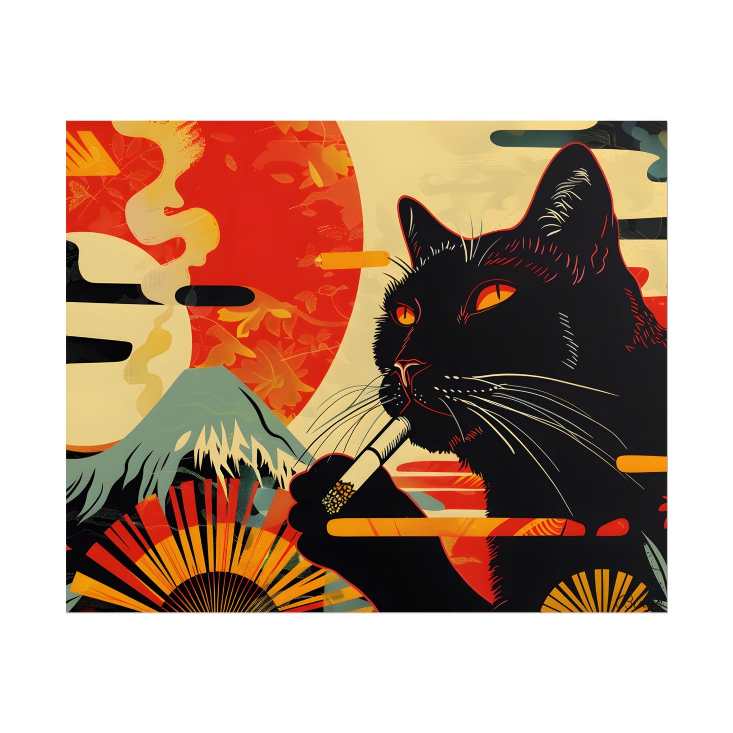 Whimsical Cat Smoking: Red & White Stripe Artwork - Poster