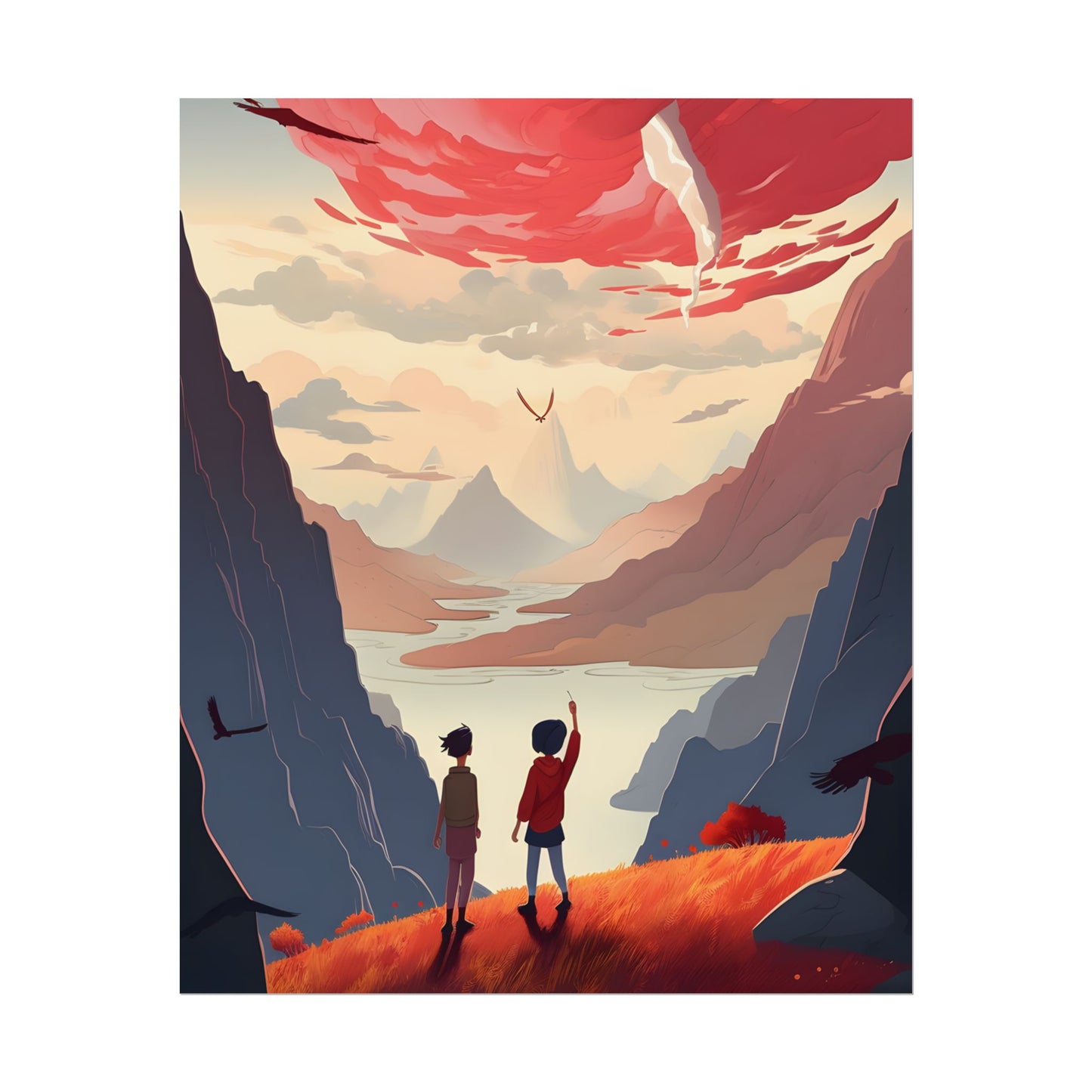 Serene Meadow Scene: Girl & Boy Under Cloudy Sky - Poster