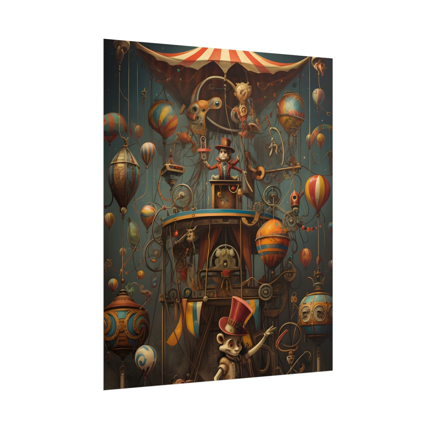 Whimsical Clockwork Circus: Fantastical Wooden Horse in Steampunk Dreamscape - Poster