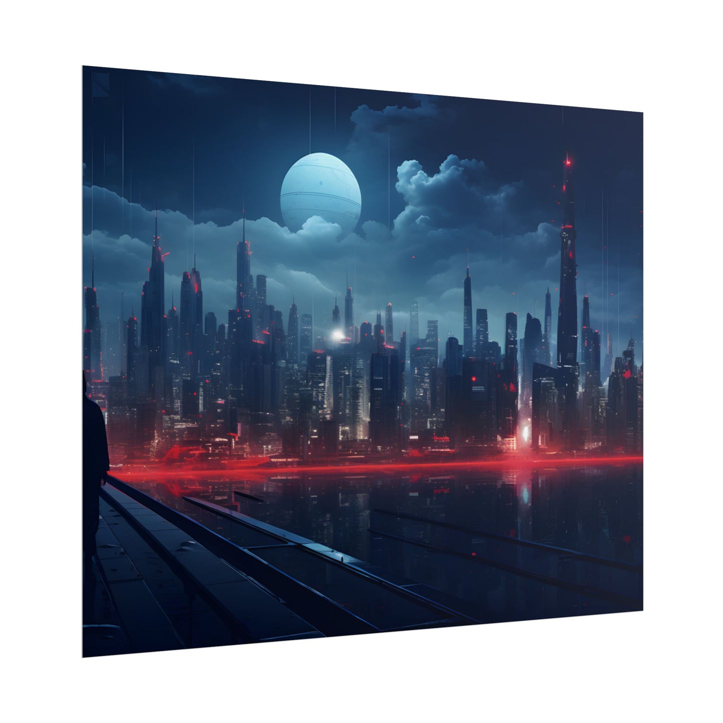 Melancholic Night: A Solo Figure in Cyberpunk Cityscape - Poster