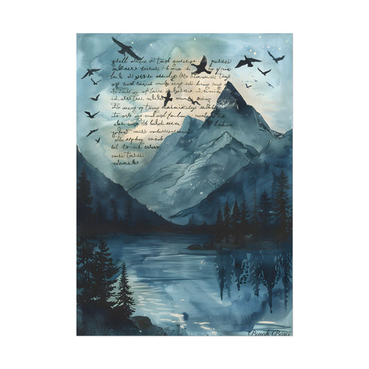 Vibrant Mountain Landscape: Birds in Flight Over Serene Lake - Poster