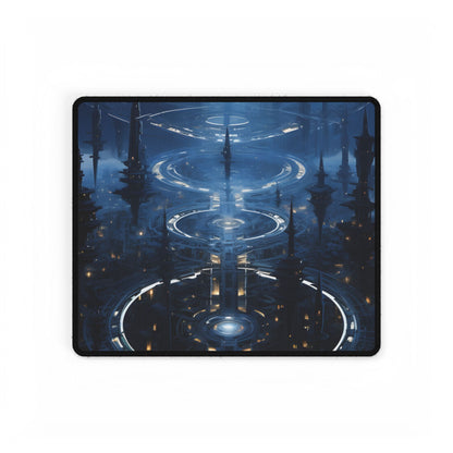 Aetherial Space Station: Galactic Hub in Vibrant Blue Nebula - Desk Mat