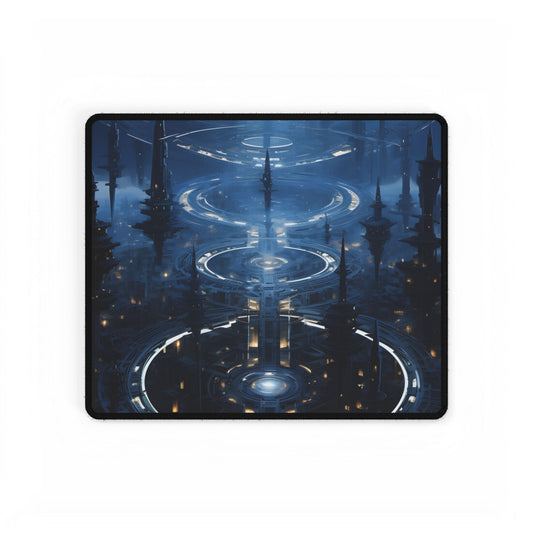 Aetherial Space Station: Galactic Hub in Vibrant Blue Nebula - Desk Mat