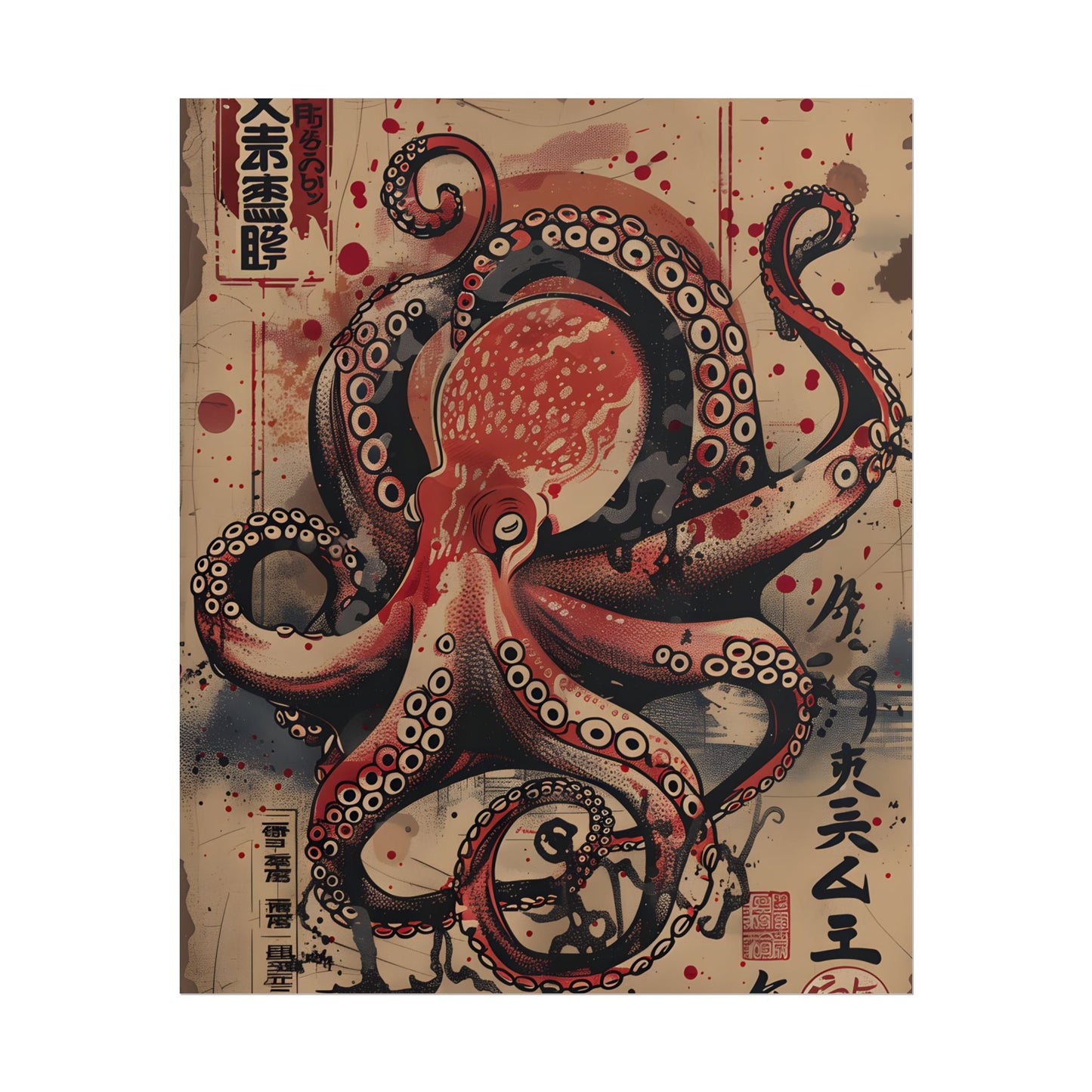 Stylized Octopus in Ukiyo-E Style: Japanese Artwork - Poster