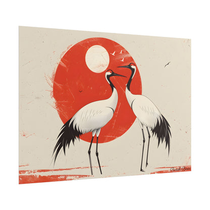 Serene Wildlife Sanctuary: Cranes in Red Nature Scene Art - Poster