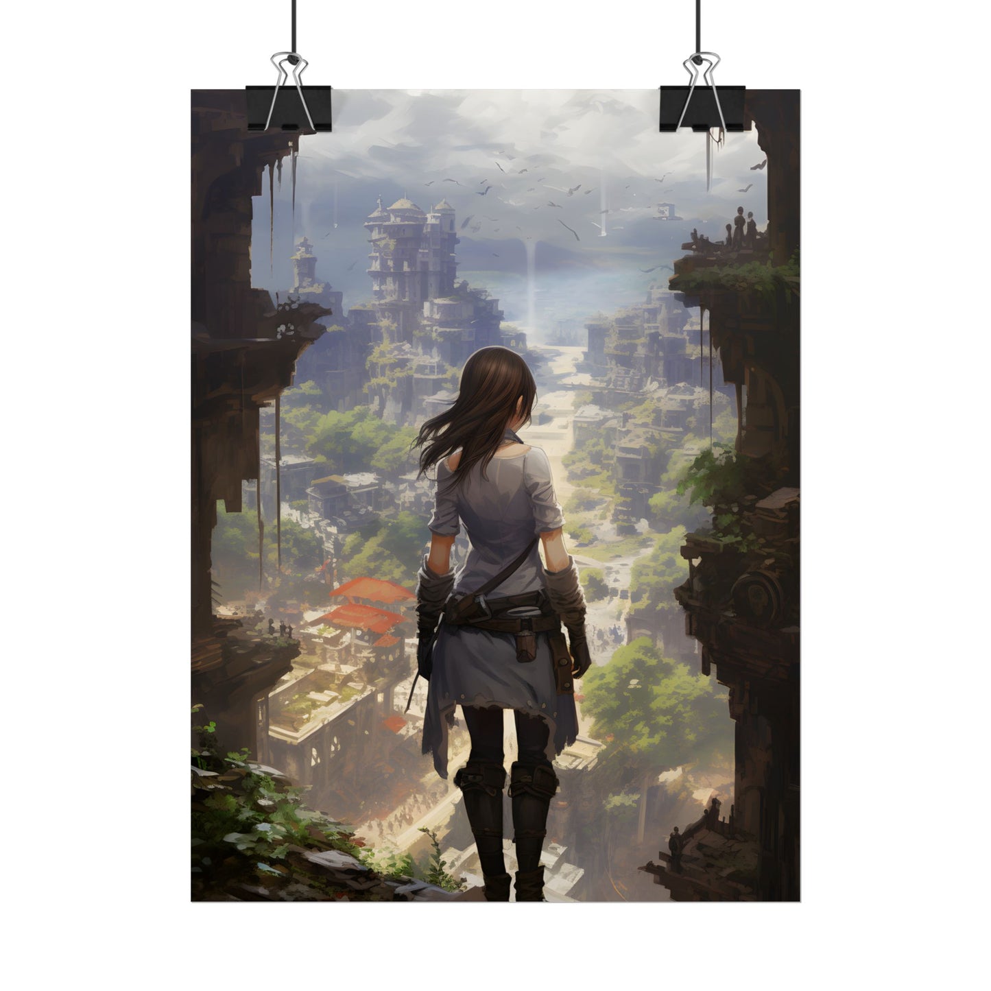 Dramatic Anime City Warrior: Bird's Eye View Digital Art - Poster