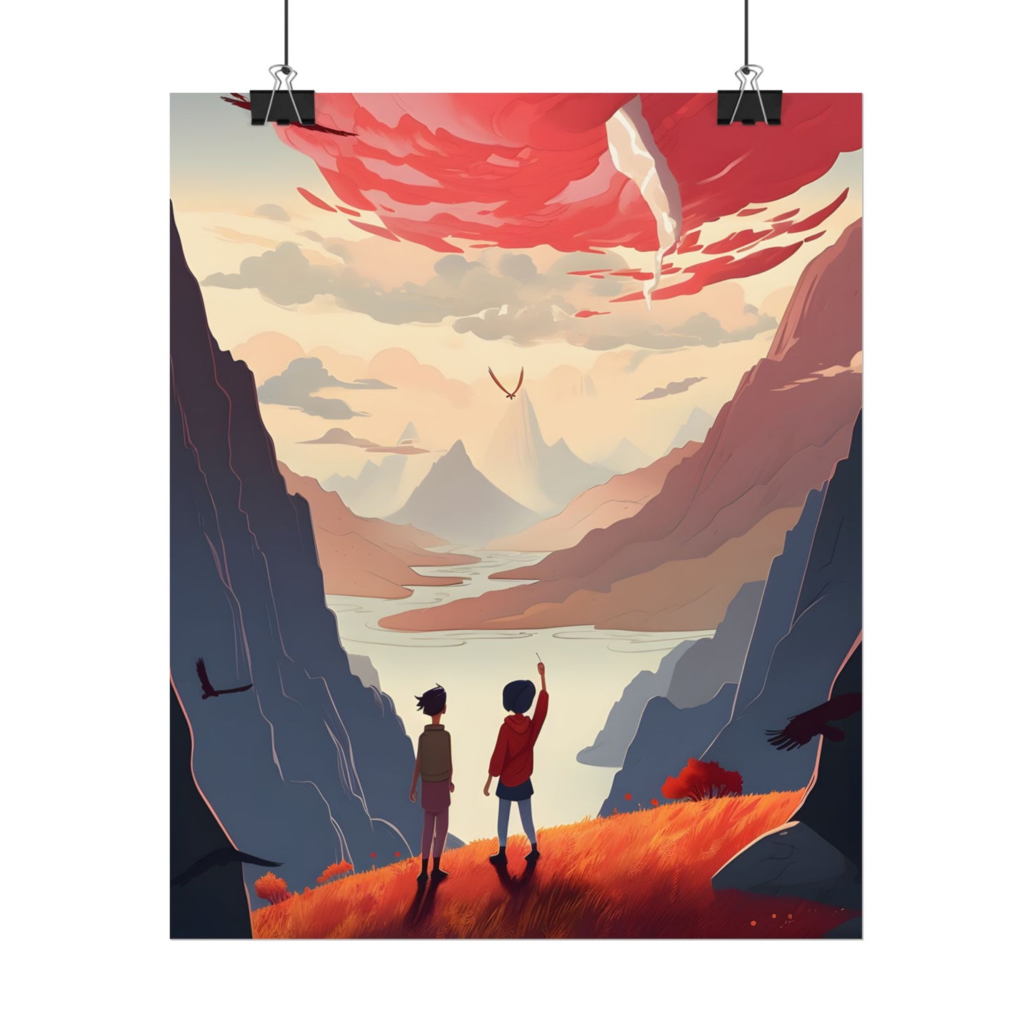 Serene Meadow Scene: Girl & Boy Under Cloudy Sky - Poster