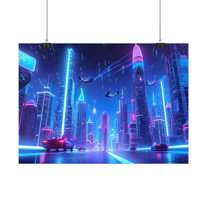 Vibrant Futuristic Cityscape: Neon Lights at Night Digital Artwork - Poster