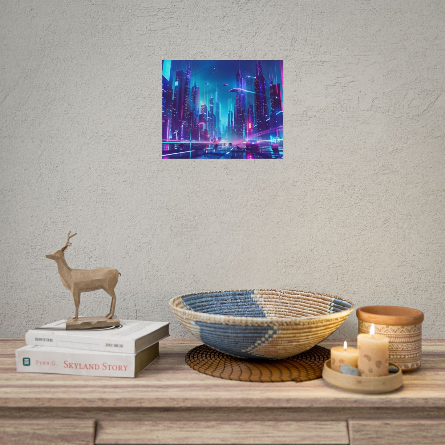 Futuristic Neon City: Towering Skyscrapers in a Vibrant Nighttime Sky - Poster