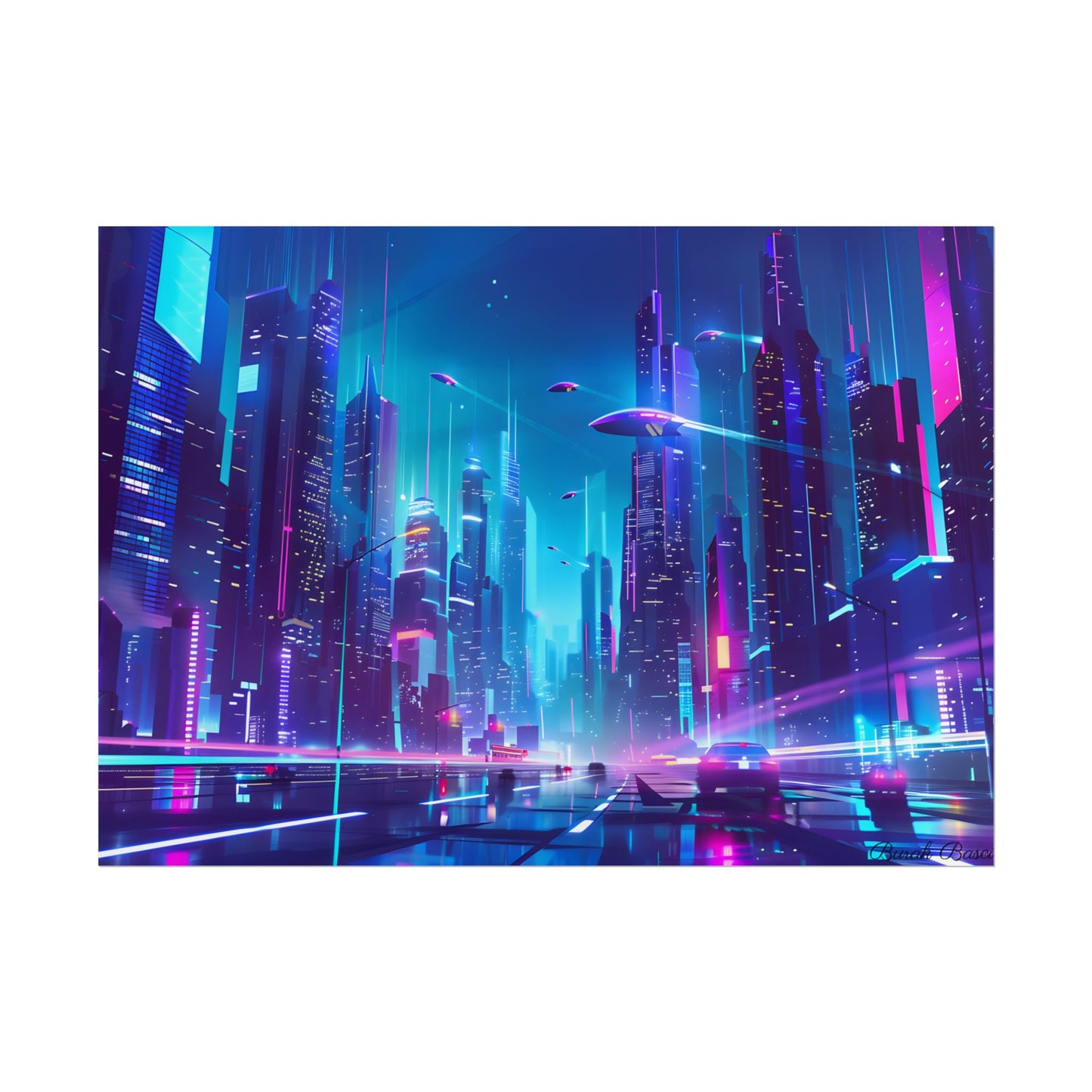 Futuristic Neon City: Towering Skyscrapers in a Vibrant Nighttime Sky - Poster