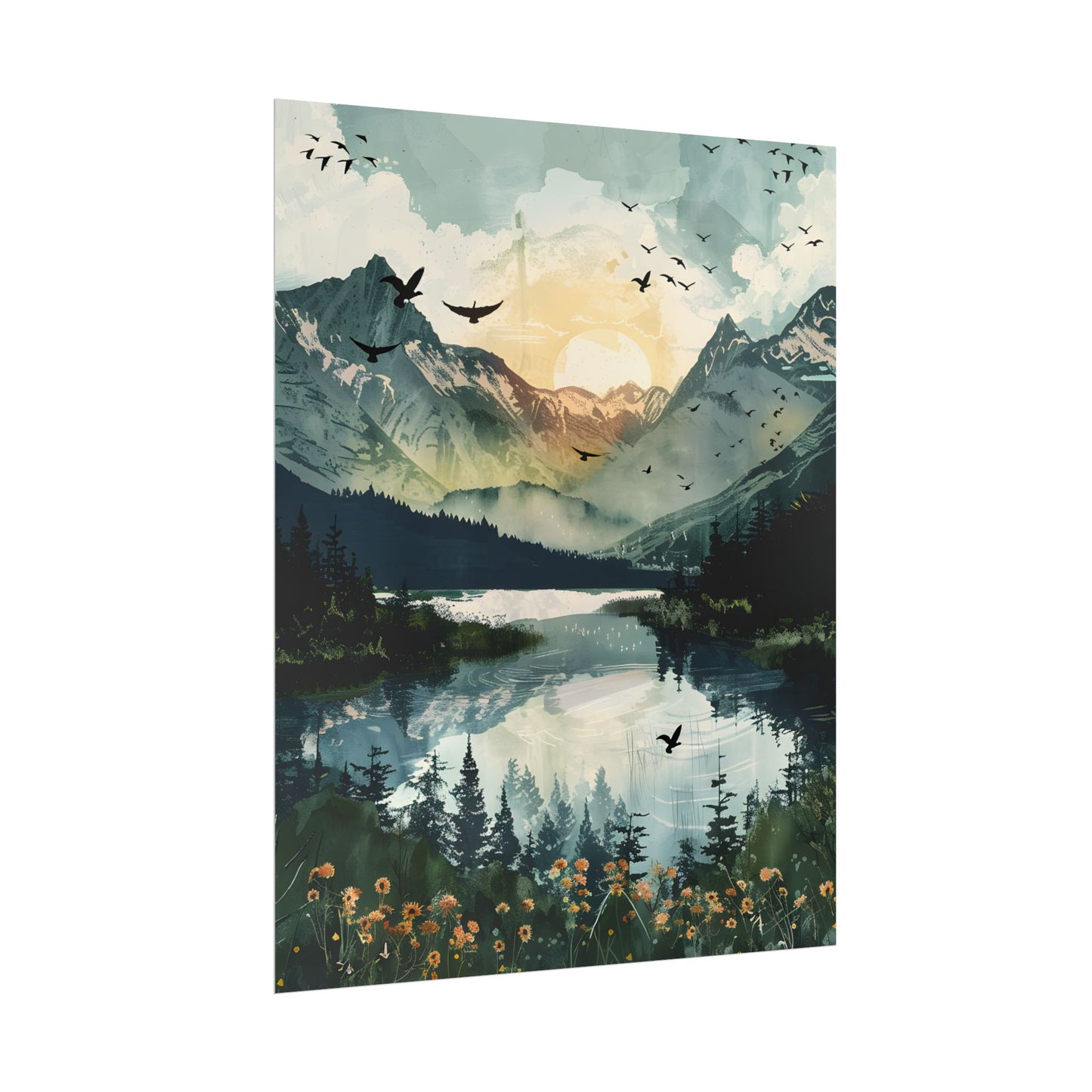 Serene Mountain Lake: Birds in Flight - Natural Art - Poster
