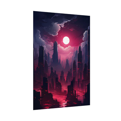 Burning Cyberpunk Cityscape: Digital Artwork at Night - Poster