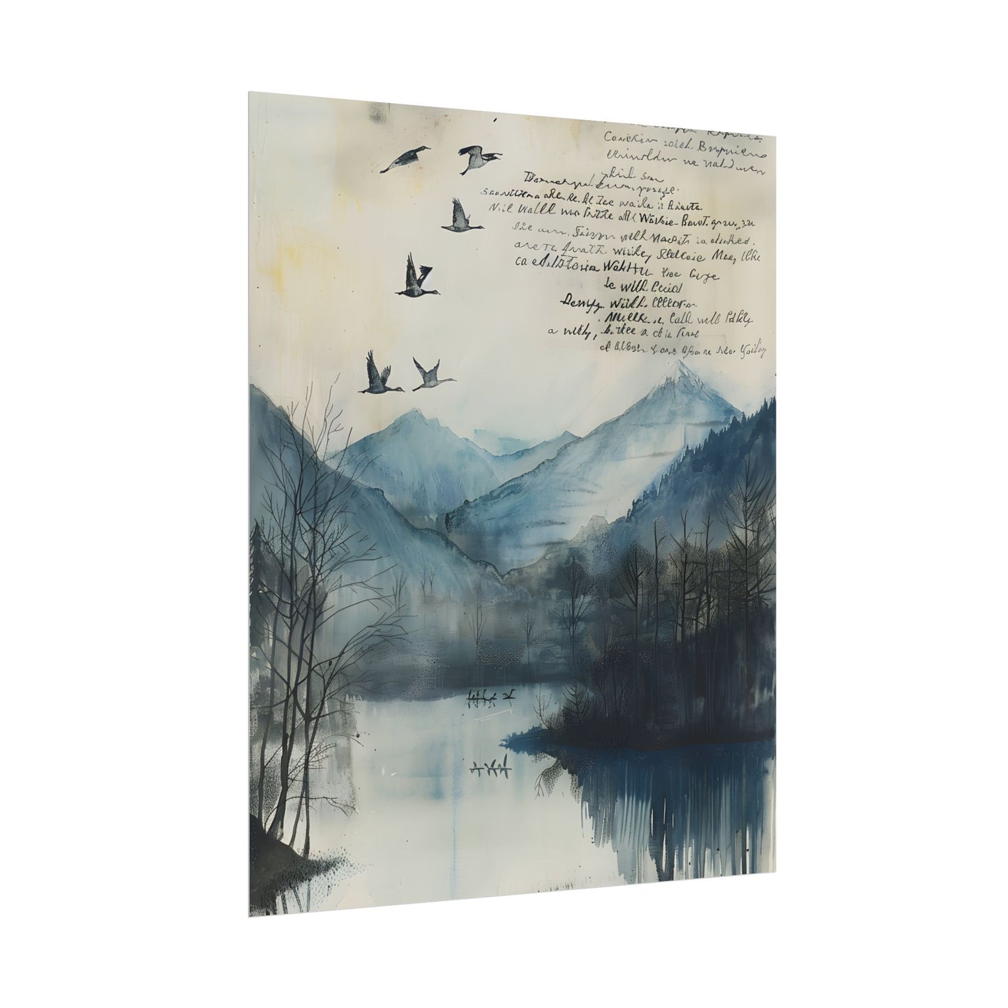 Nature's Serenity: Mountain Lake Birds in Flight Artwork - Poster