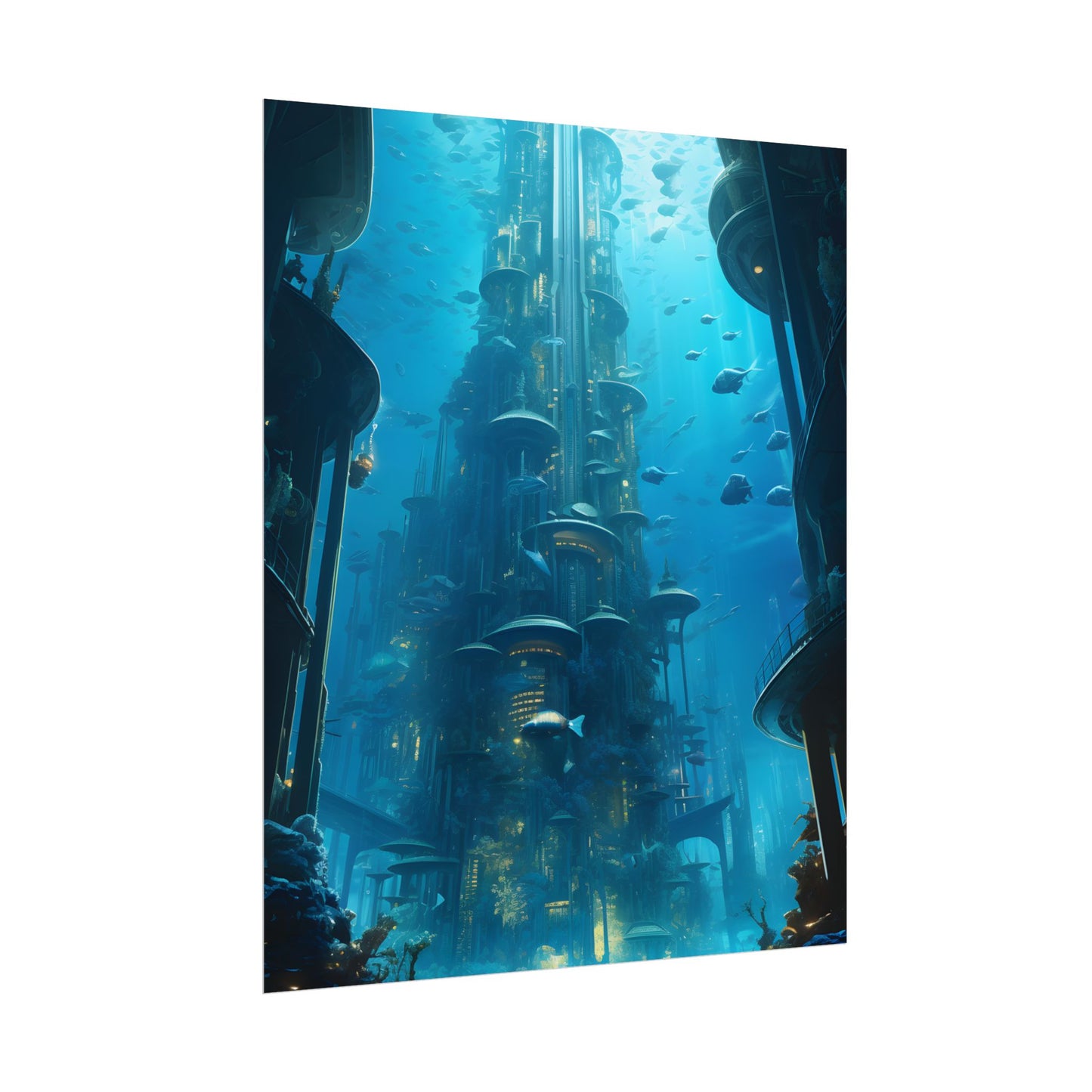 Future Metropolis: Underwater Cityscape Digital Art - Poster