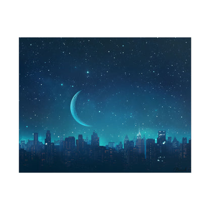 Starry Night Sky: Tranquil Dark Blue Scene with Crescent Moon - Poster