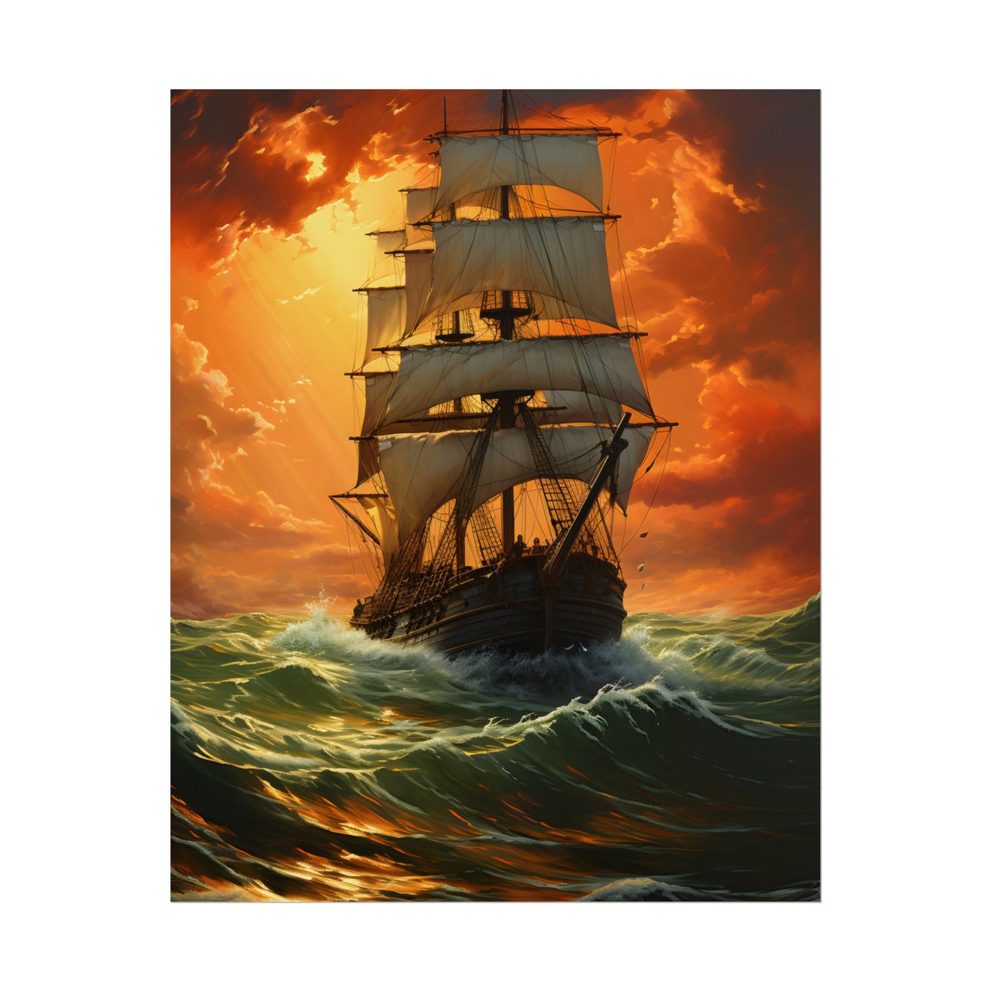 Nature's Serenity: Realistic Oil Painting of a Green Ship - Poster
