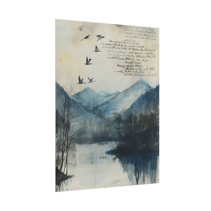 Nature's Serenity: Mountain Lake Birds in Flight Artwork - Poster