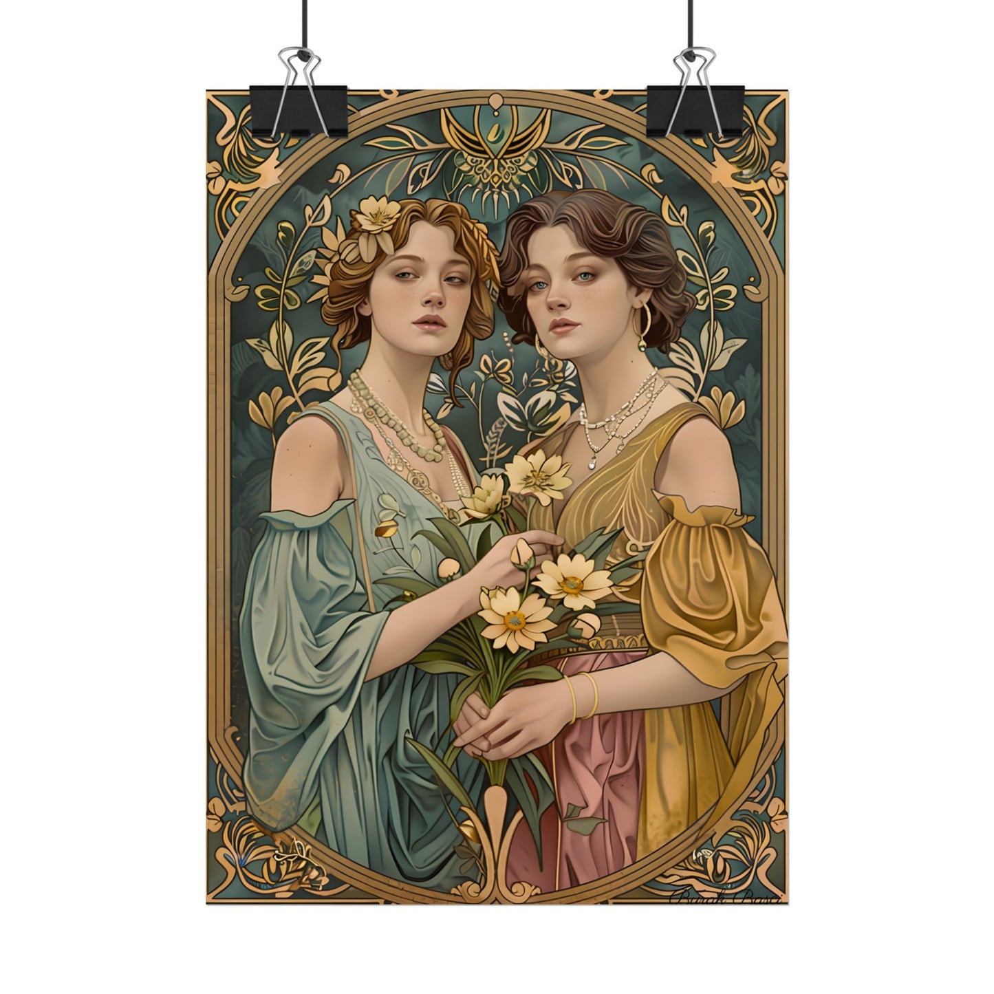 Two Women in Ornate Attire Holding Primr: Traditional Turkish Artwork - Poster