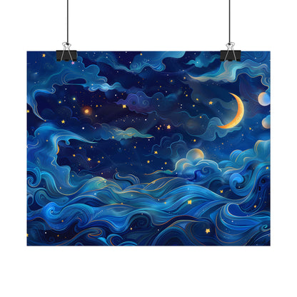 Whimsical Dreamy Night Sky: Stars, Moon, and Shooting Star - Poster