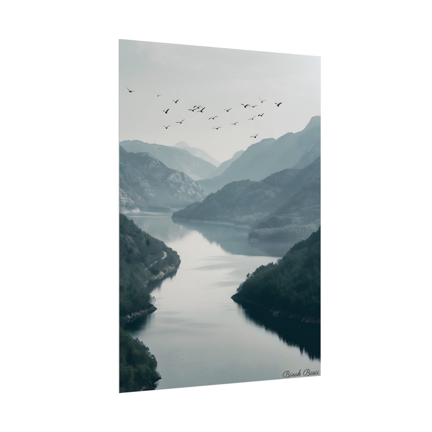Peaceful Mountain Oasis: Serene Birds Eye View Artwork - Poster