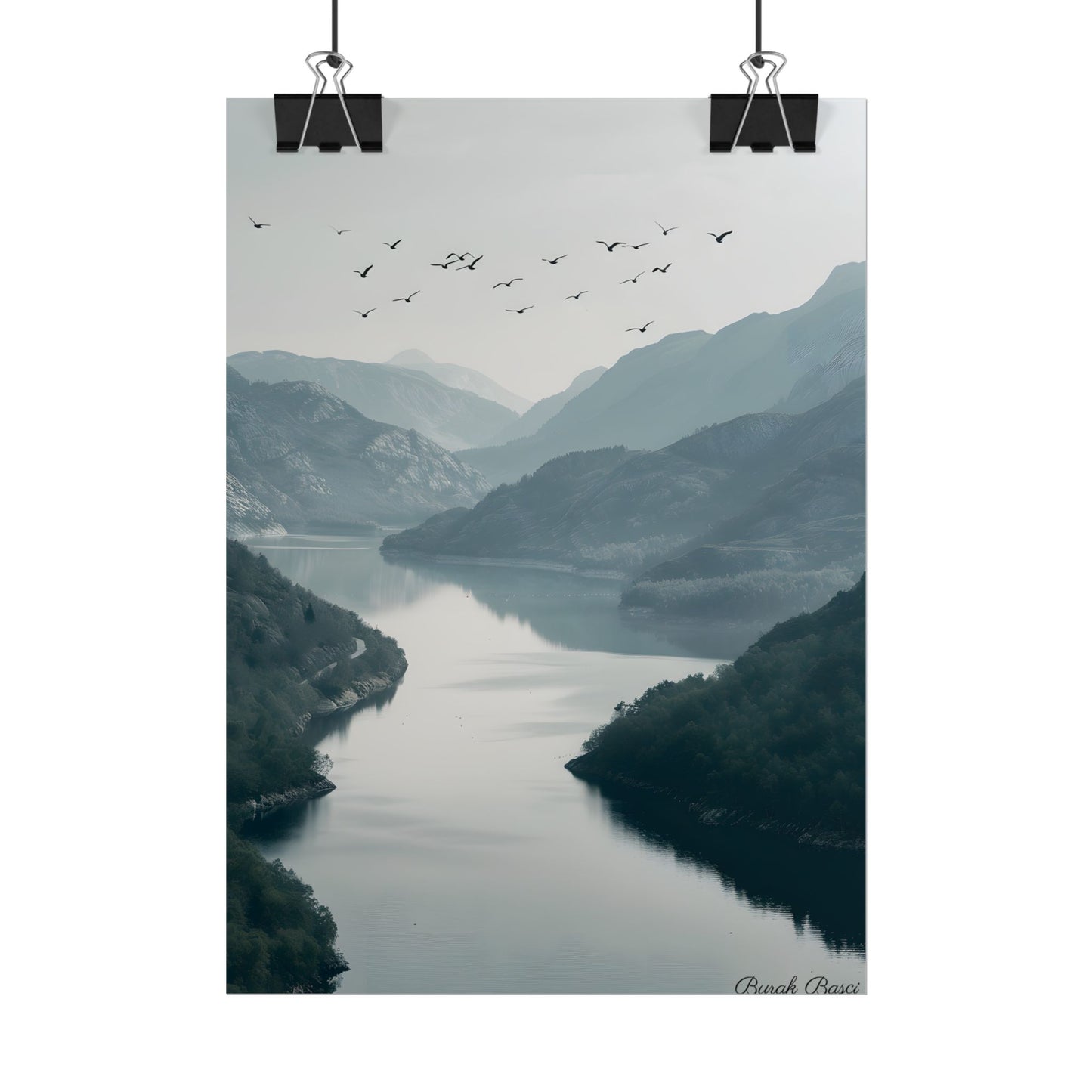 Peaceful Mountain Oasis: Serene Birds Eye View Artwork - Poster