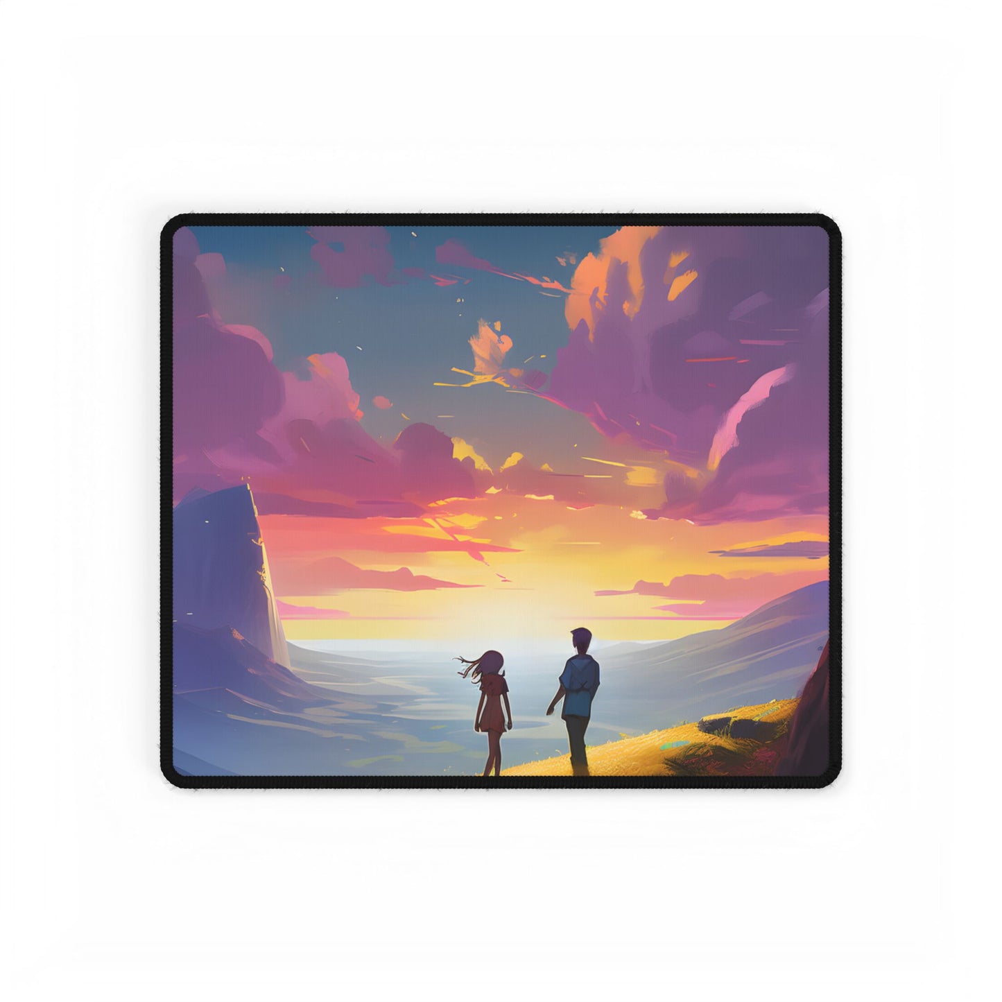 Young Love in a Cloudy Meadow: A Heartwarming Artwork - Desk Mat