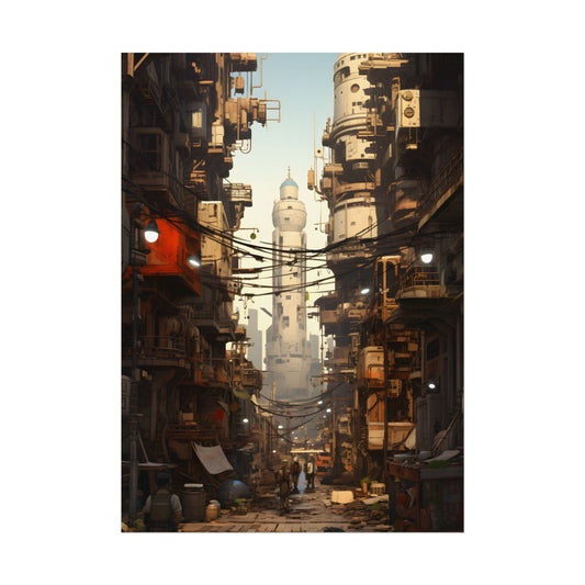 Post-Apocalyptic Steampunk City: Robot Amidst Ruins - Poster