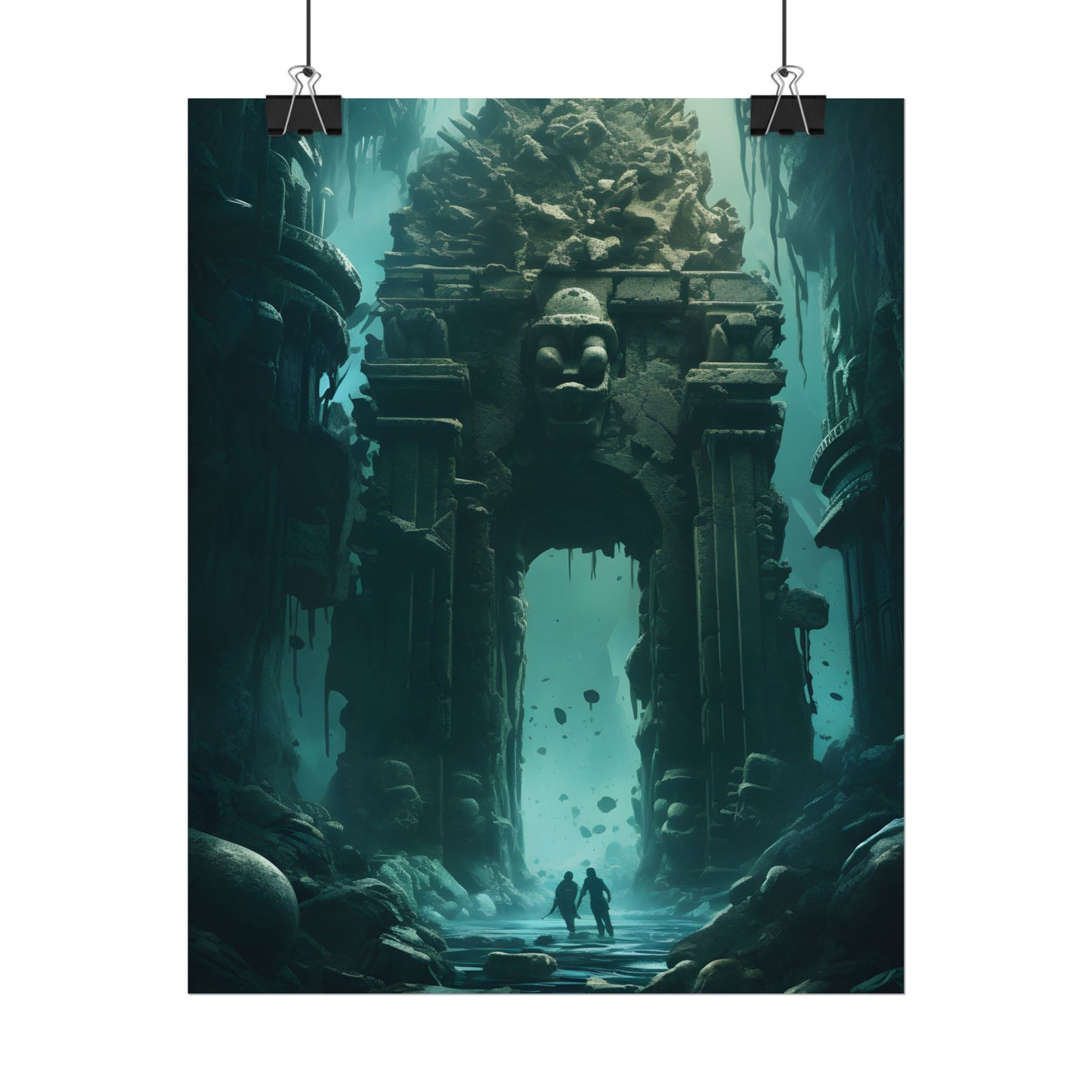 Lost Underwater Ancient City: Mysterious Blue Hues Art - Poster