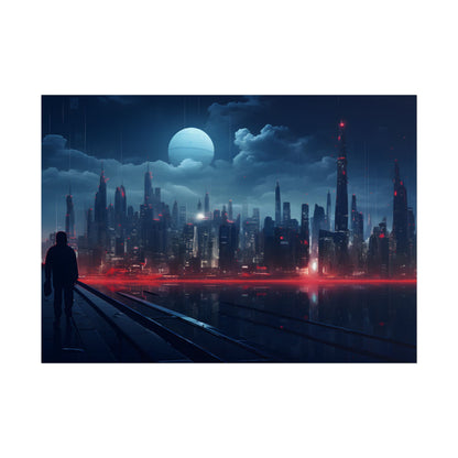 Melancholic Night: A Solo Figure in Cyberpunk Cityscape - Poster