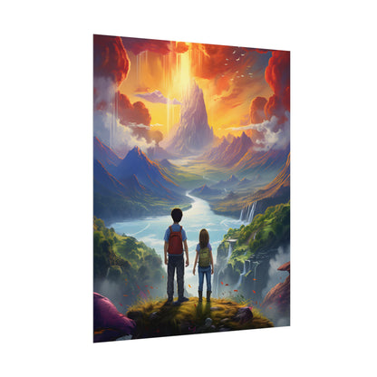 Girl, Boy, Meadow: A Peaceful Cloudy Day Artwork - Poster