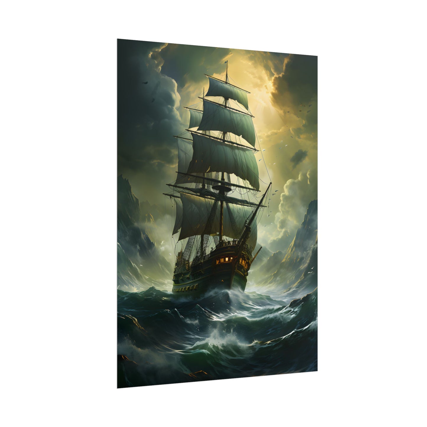Green Realism: Majestic Ship Oil Painting - Poster