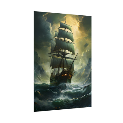 Green Realism: Majestic Ship Oil Painting - Poster