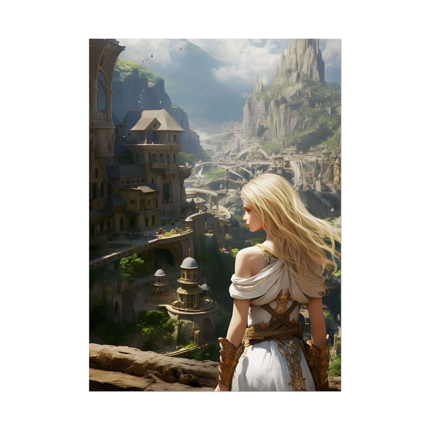 Dramatic Anime Blonde: Flying Female Digital Art - Poster