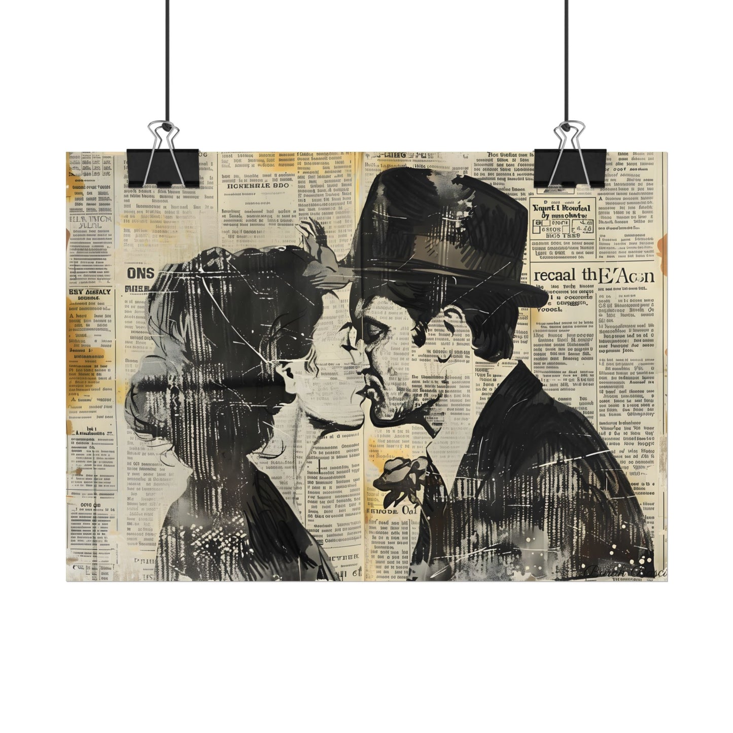 Vintage Romance Couples: Newsprint Artwork - Intimate Moments - Poster