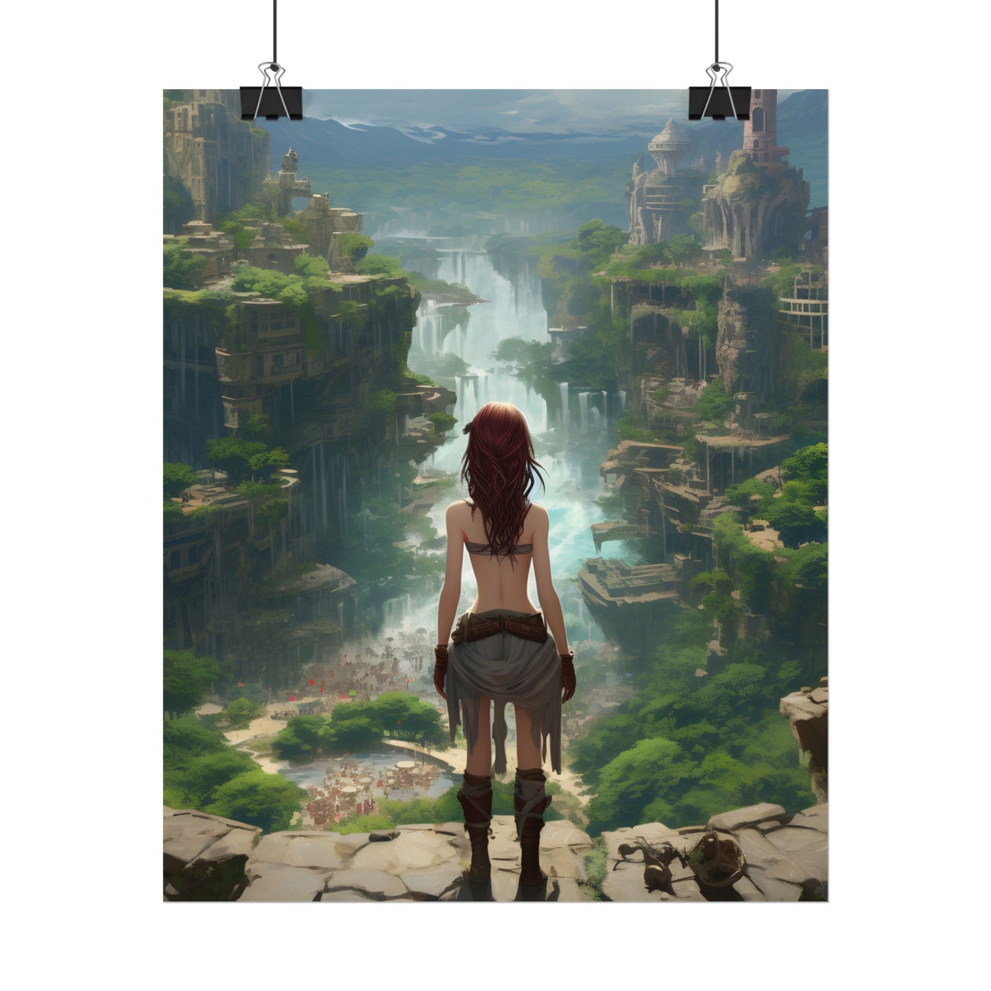 Dramatic Birds Eye View: Red Haired Anime Girl in Urban Landscape - Poster