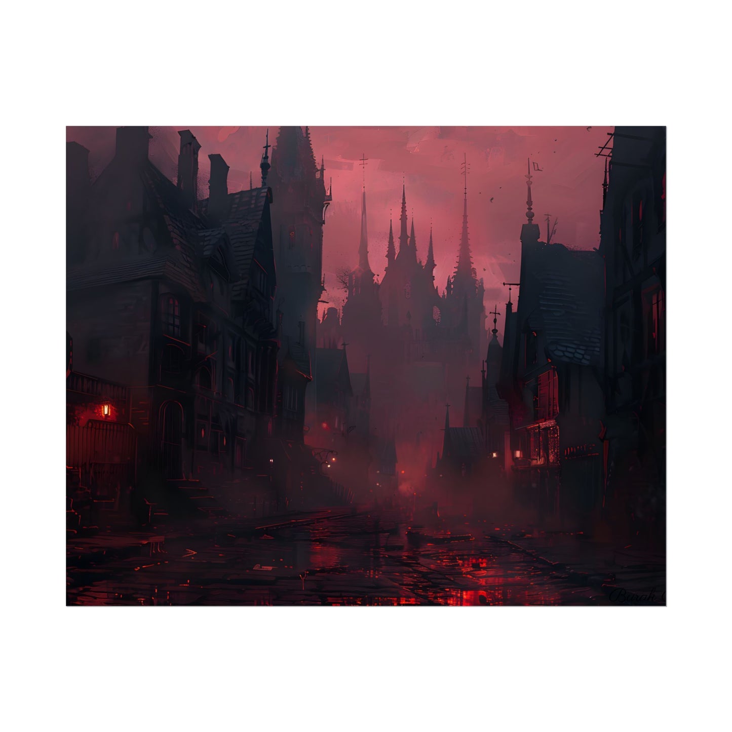 Dark Gothic Cityscape: A Serene Misty Dusk Scene - Poster