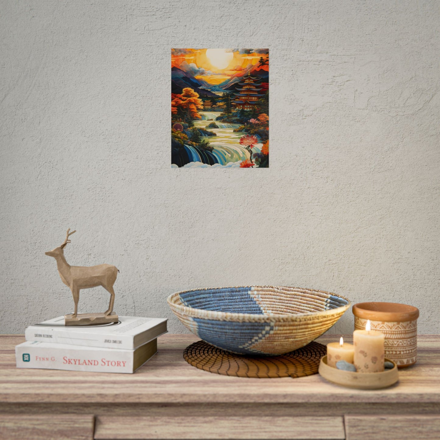 Peaceful Japanese River Landscape with Flowers: Serene Artwork - Poster