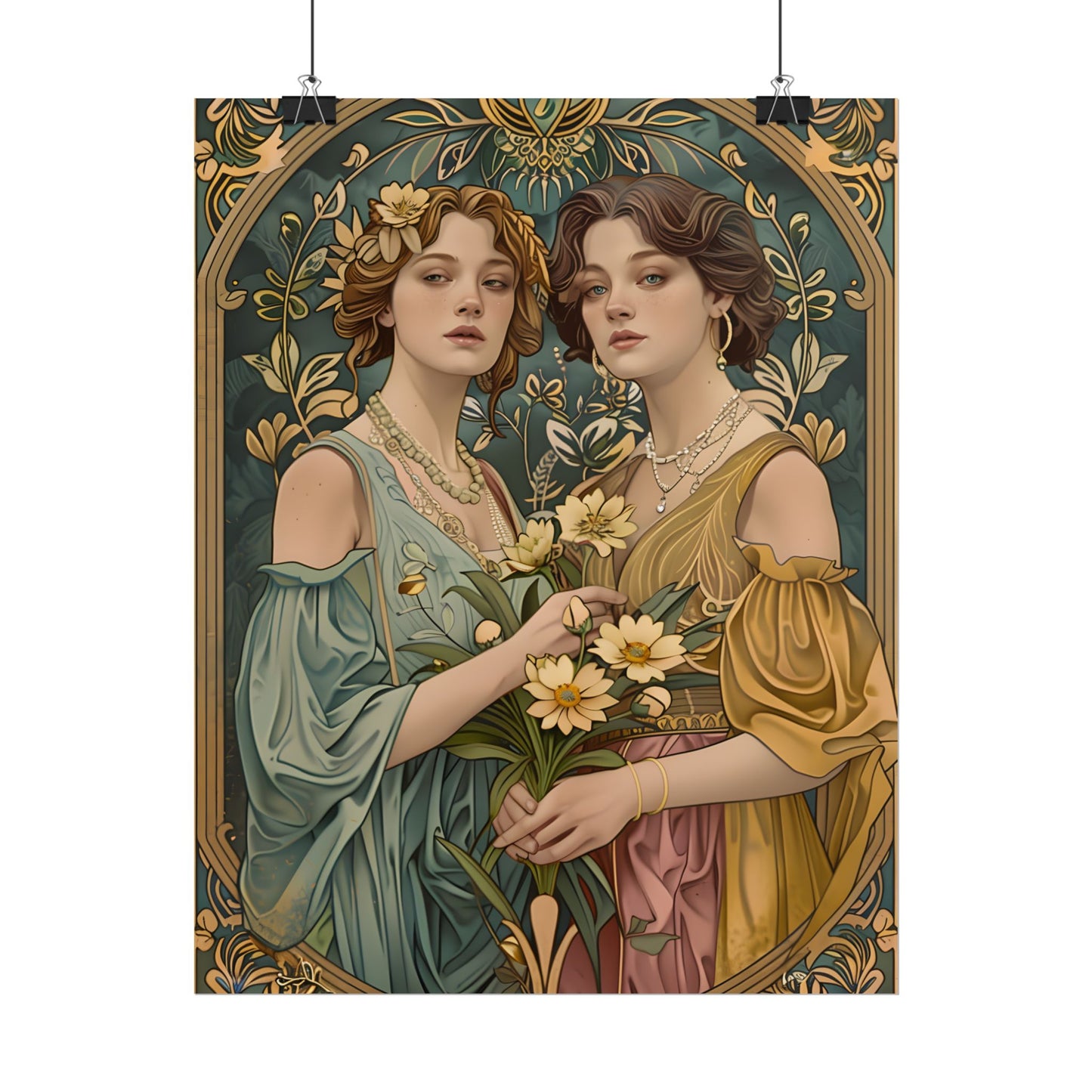 Two Women in Ornate Attire Holding Primr: Traditional Turkish Artwork - Poster