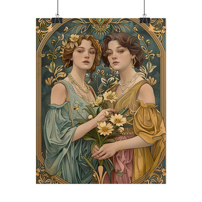Two Women in Ornate Attire Holding Primr: Traditional Turkish Artwork - Poster