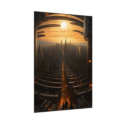 Dystopian Utopia: Futuristic Cityscape with Dark Facade - Poster