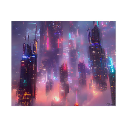 Neon Futuristic Cityscape: Graphic Modern Art - Poster