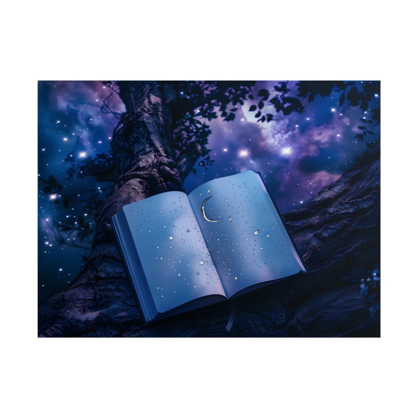 Mystical Night Sky: Celestial Dreams with Crescent Moon and Stars - Poster