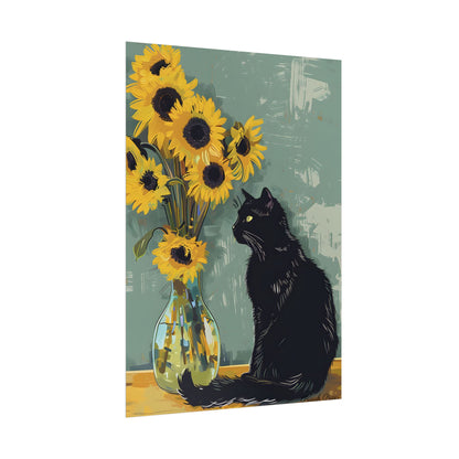 Whispers in the Sun: A Black Cat's Serene Moment with Sunflowers - Poster