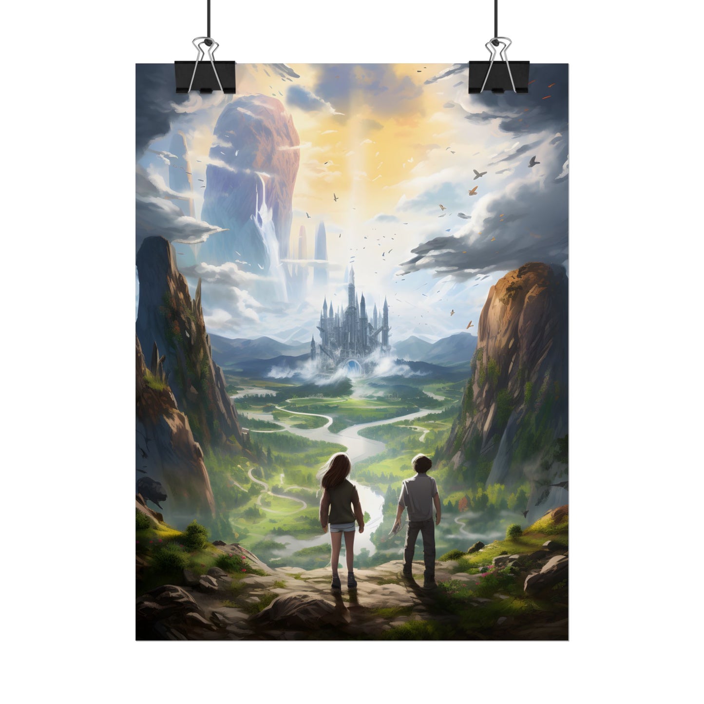 Girl and Boy in Serene Meadow: A Moment on Cloudy Hill - Poster