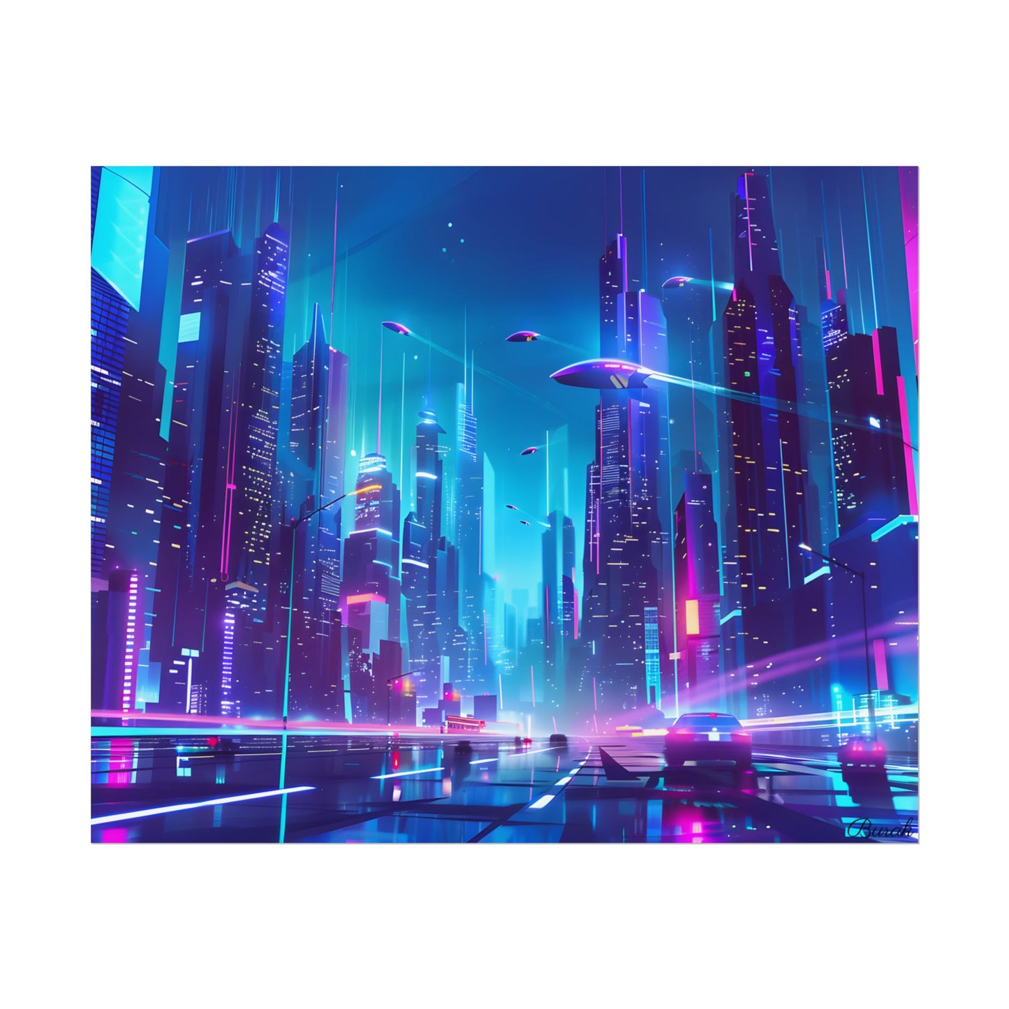 Futuristic Neon City: Towering Skyscrapers in a Vibrant Nighttime Sky - Poster