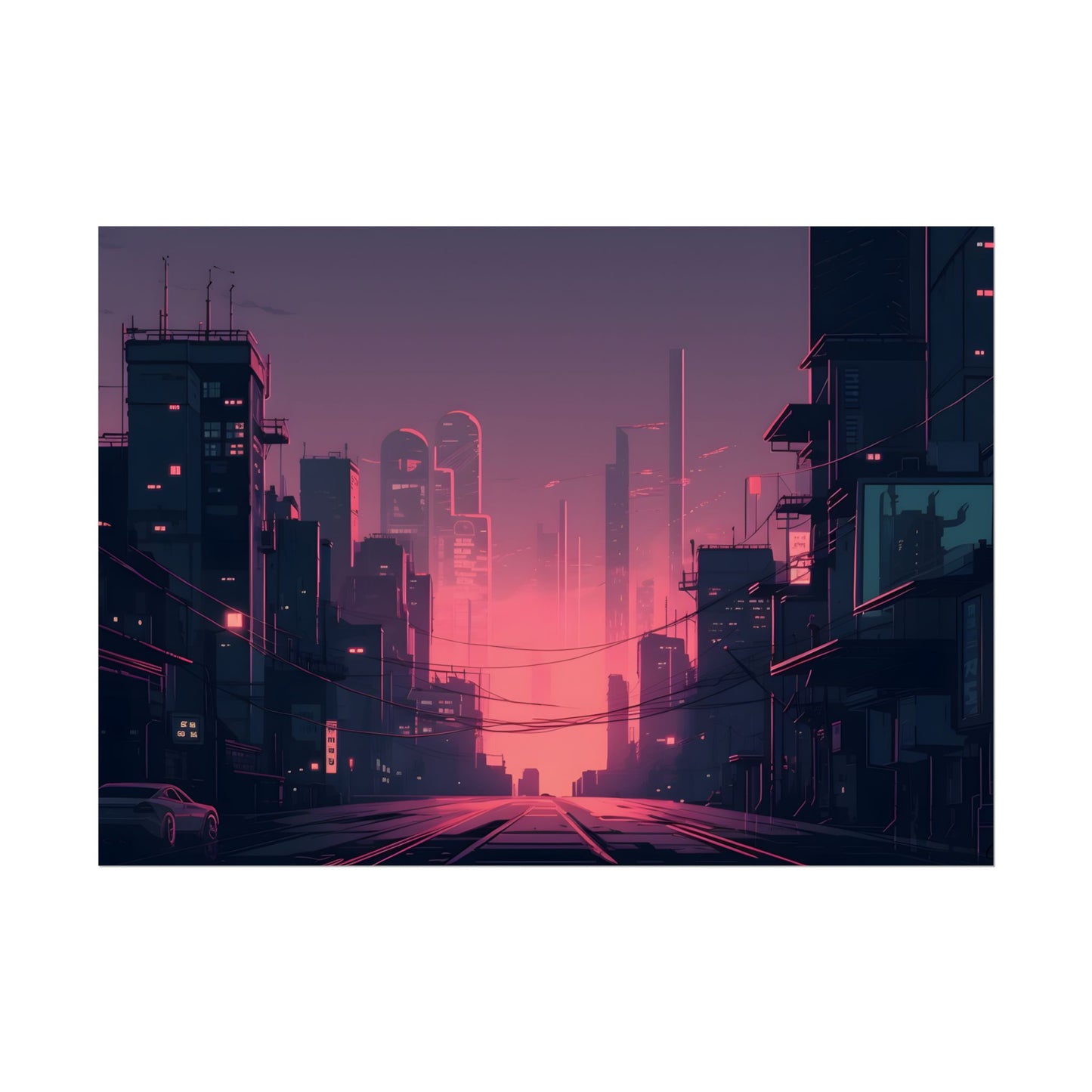 Cyberpunk Nighttime Cityscape: Melancholic Mood - Poster