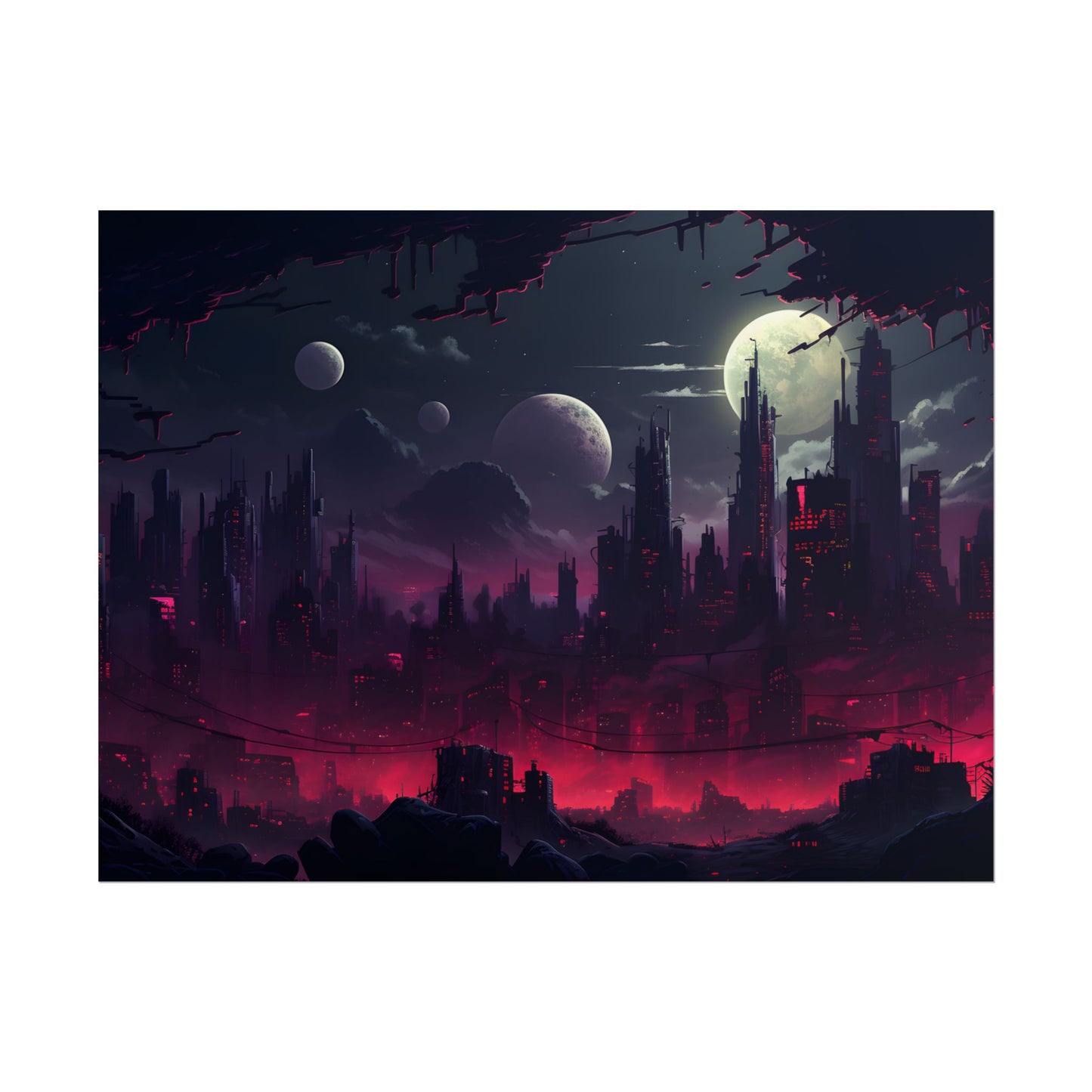 Burning Cyberpunk Cityscape at Night: Digital Art - Poster