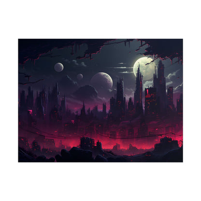 Burning Cyberpunk Cityscape at Night: Digital Art - Poster