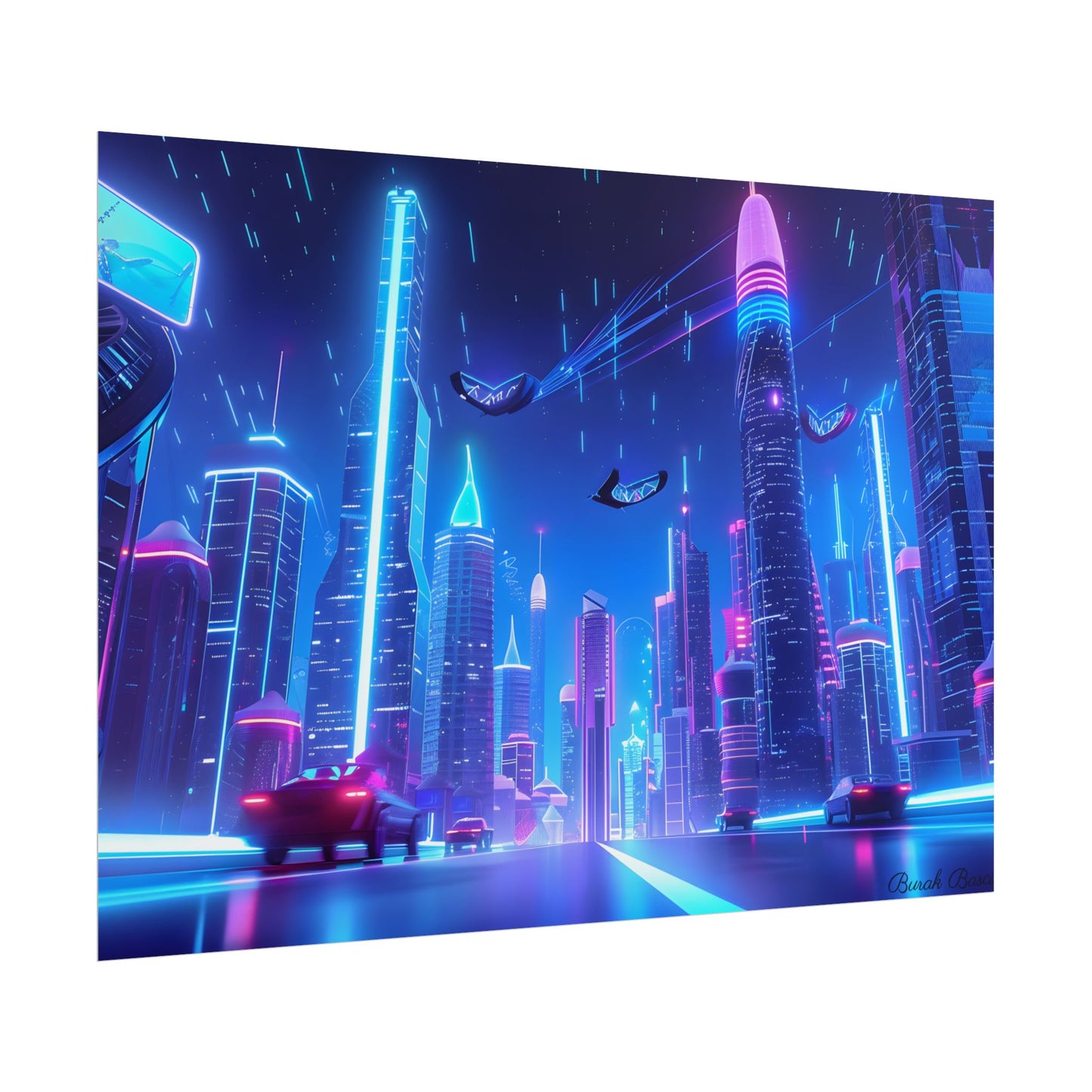 Vibrant Futuristic Cityscape: Neon Lights at Night Digital Artwork - Poster