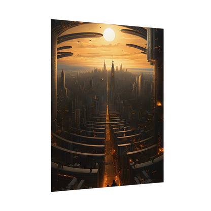 Dystopian Utopia: Futuristic Cityscape with Dark Facade - Poster